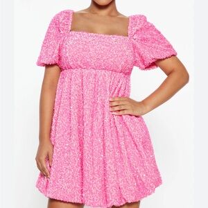 Pink Sequin Puff Sleeve Dress